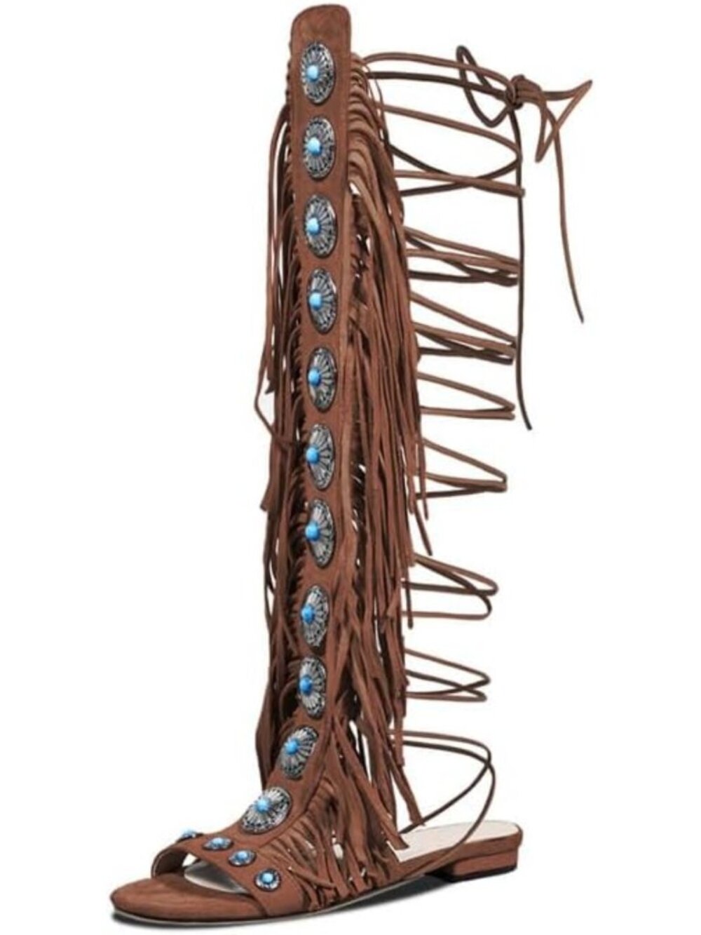 Boho Fringe Gladiator Sandals with Turquoise Studs - Knee-High Lace-Up Summer